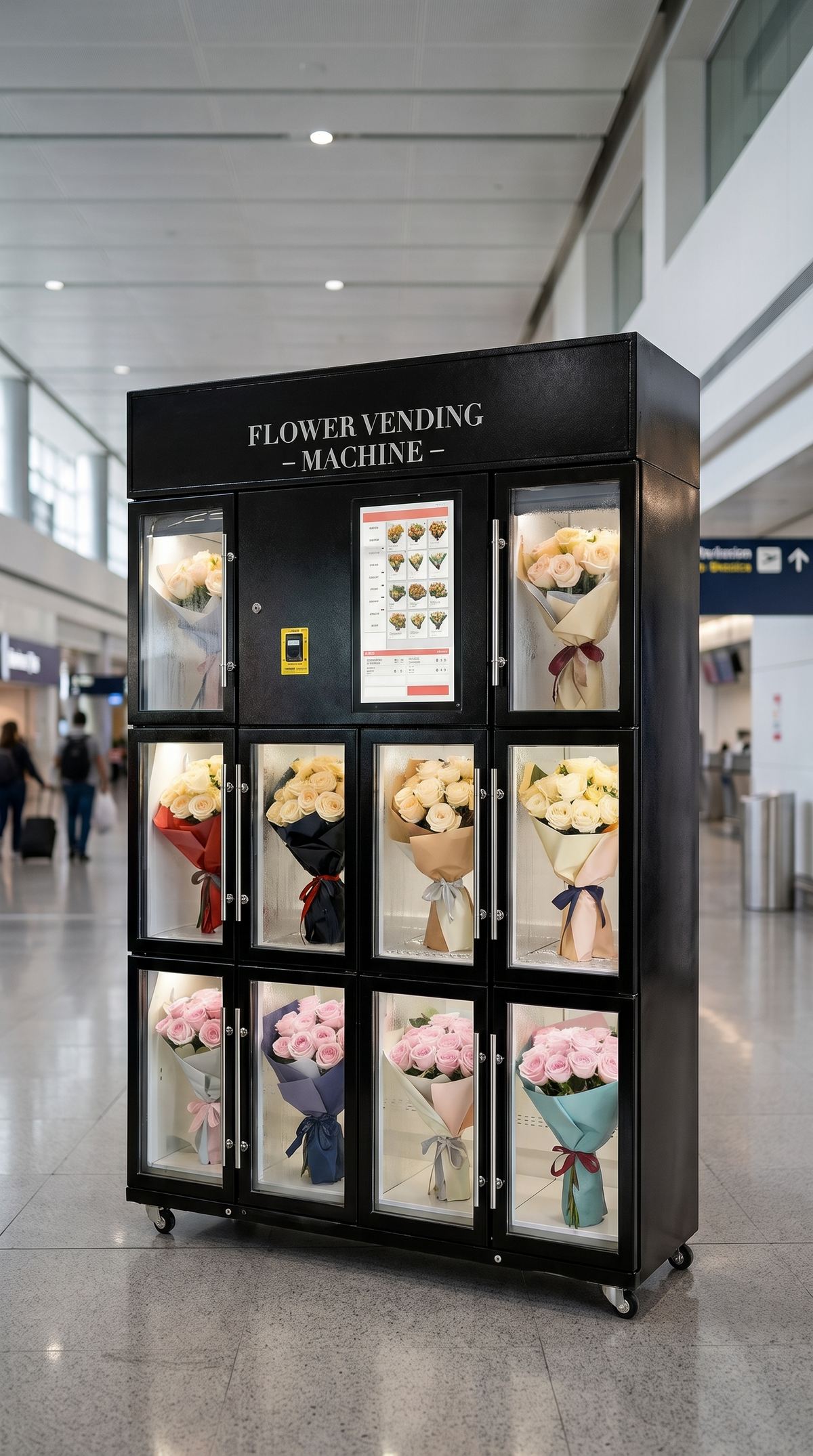 Expendedora de flores refrigerada de 10 compartimentos con ramos de rosas en un pasillo de aeropuerto