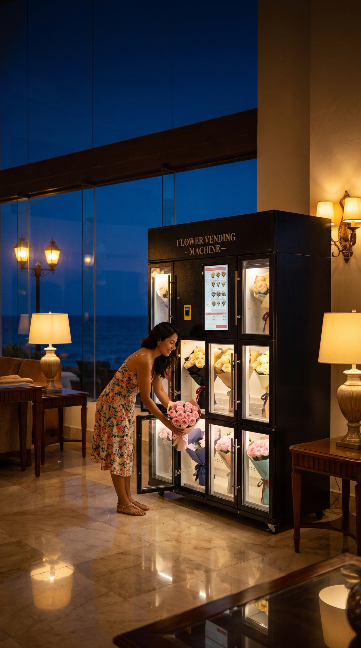 Mujer saca un ramo de rosas de la expendedora de flores refrigerada de 10 compartimentos en el lobby de un hotel de noche