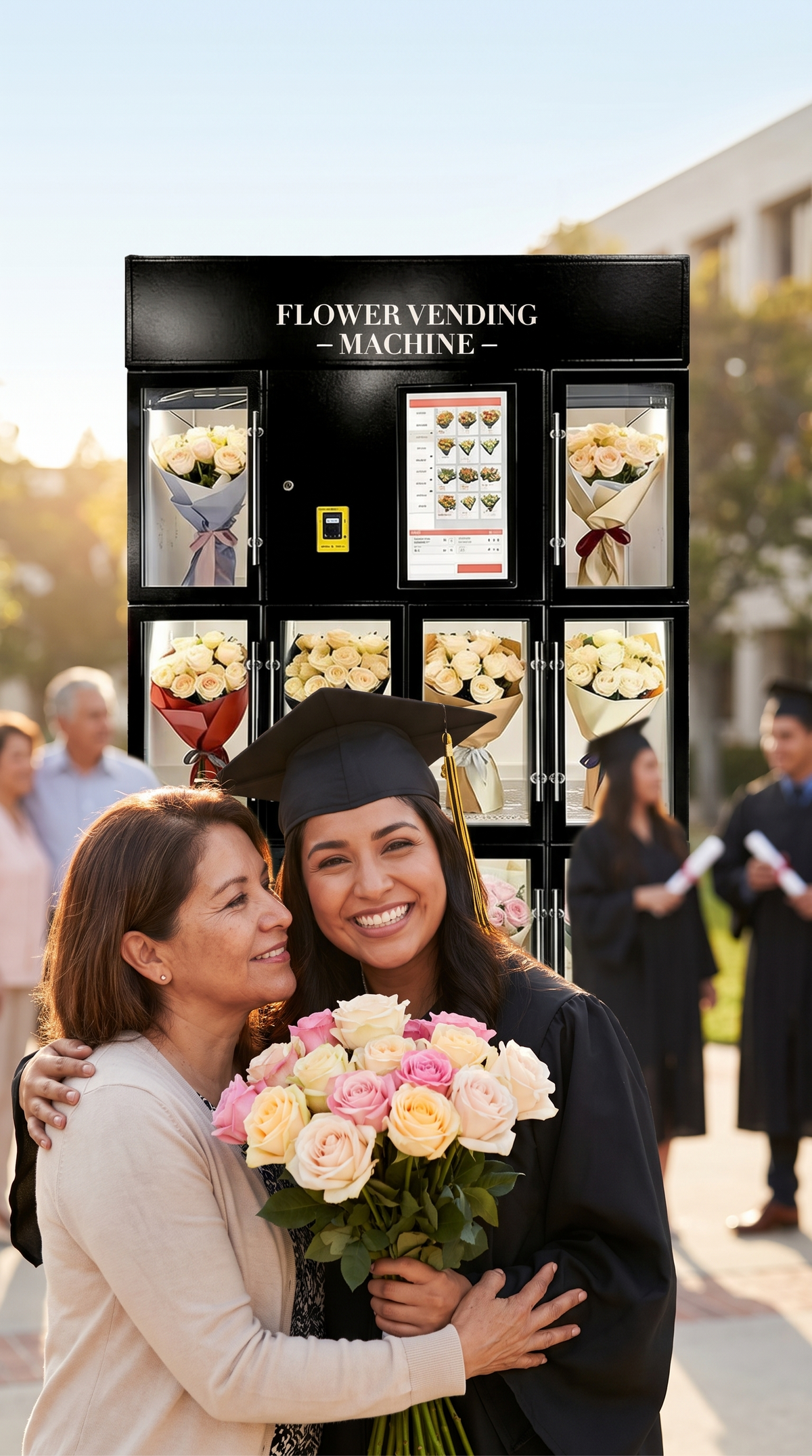 Graduada abraza a su mamá con un ramo de rosas frente a la expendedora de flores refrigerada de 10 compartimentos