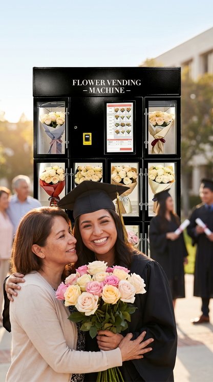 Graduada abraza a su mamá con un ramo de rosas frente a la expendedora de flores refrigerada de 10 compartimentos