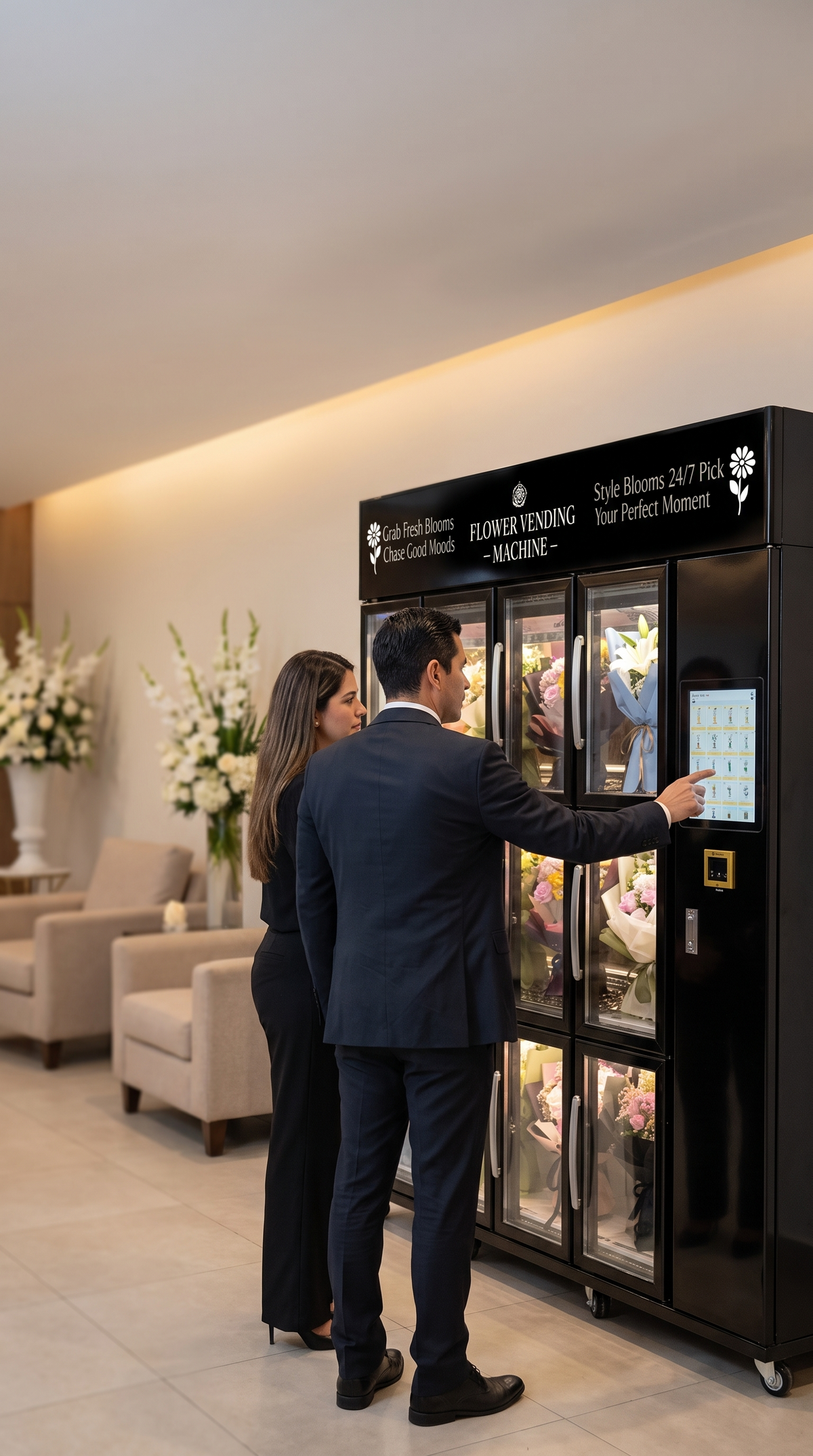 Pareja elige un ramo en la pantalla de la expendedora de flores refrigerada de 15 compartimentos en el lobby de una funeraria