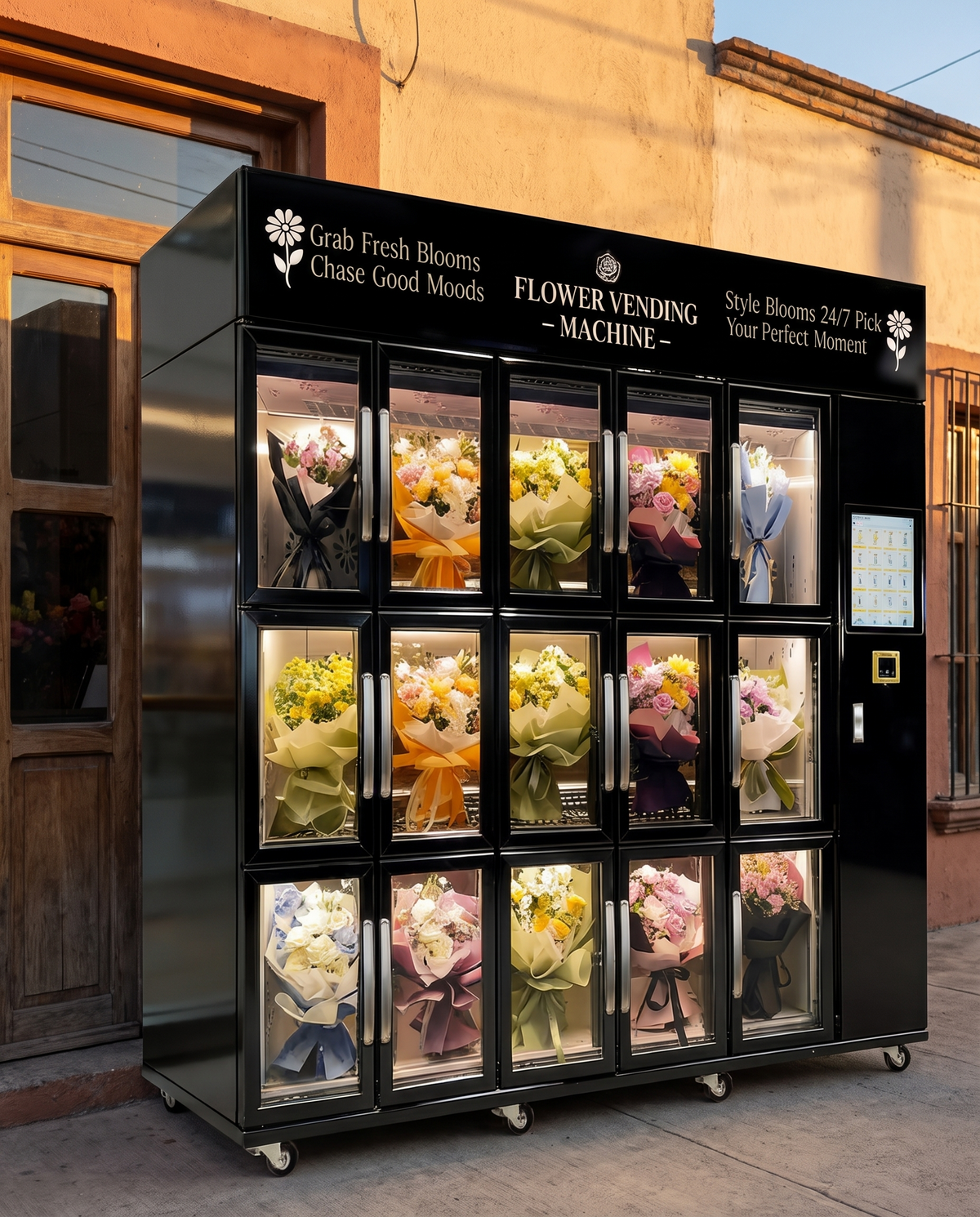 Expendedora de flores refrigerada de 15 compartimentos frente a una florería
