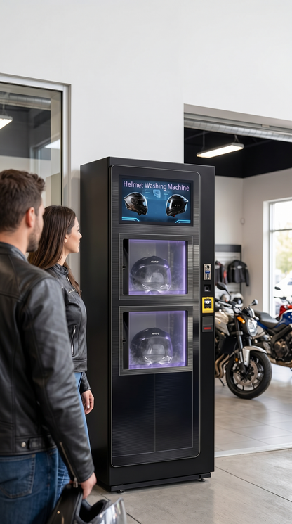 Pareja de motociclistas junto a la estación de higienización de cascos de 2 compartimentos con pago QR y monedas en una tienda de motos