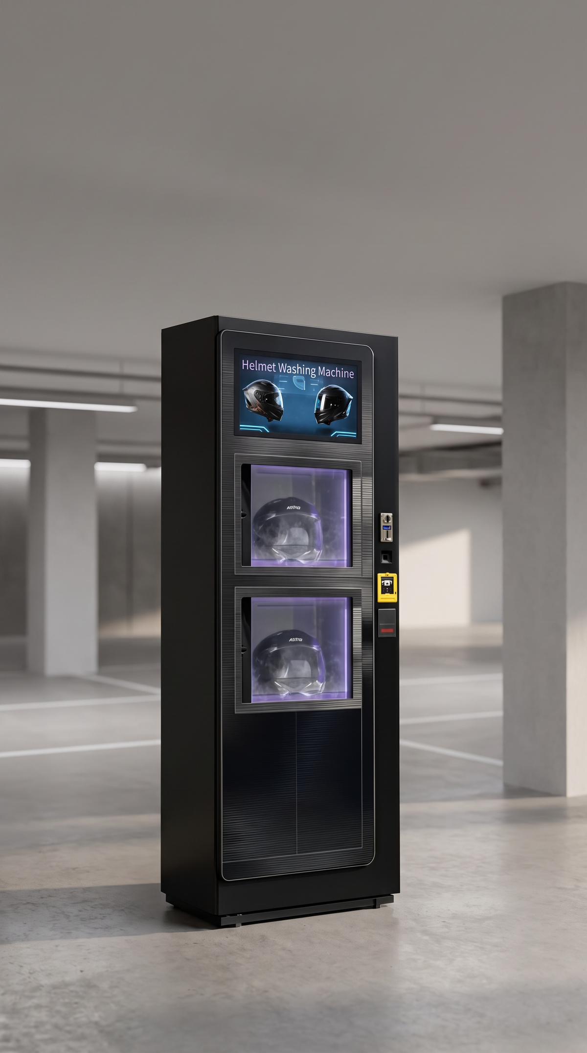 Estación de higienización de cascos de 2 compartimentos con pago QR y monedas en un estacionamiento techado