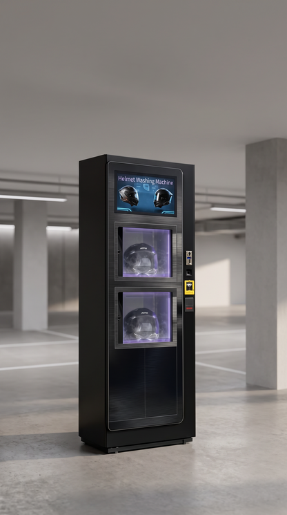 Estación de higienización de cascos de 2 compartimentos con pago QR y monedas en un estacionamiento techado