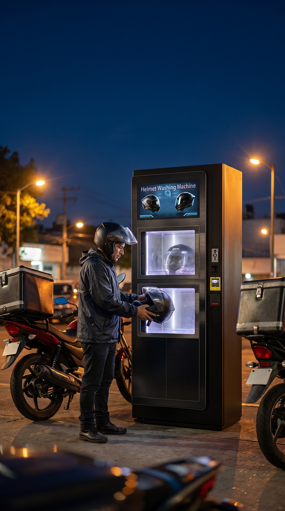 Repartidor guardando su casco en la estación de higienización de cascos de 2 compartimentos con QR y monedas por la noche