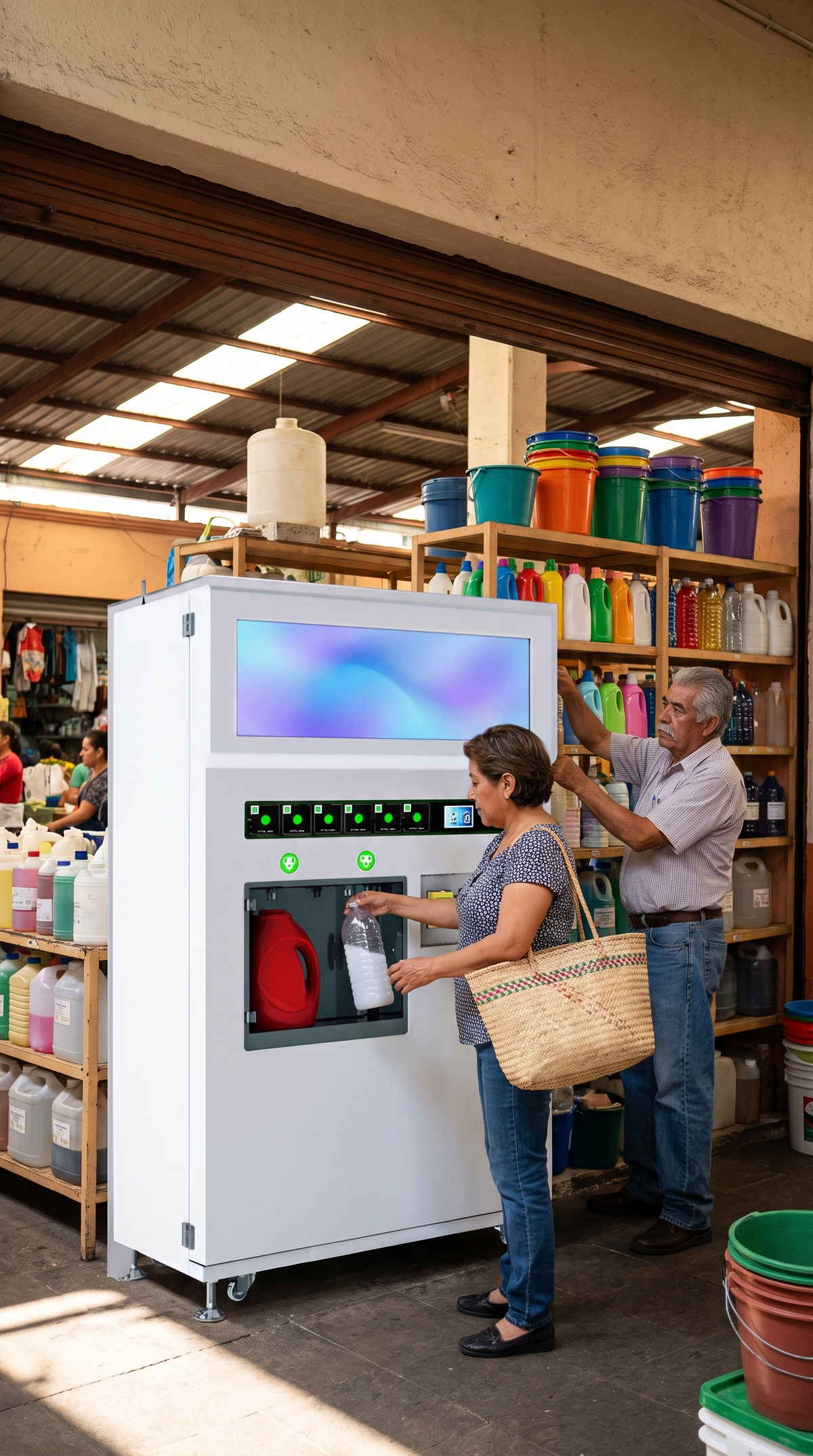 Clienta llenando una botella de suavizante en la expendedora de detergente líquido de una tienda de productos de limpieza a granel