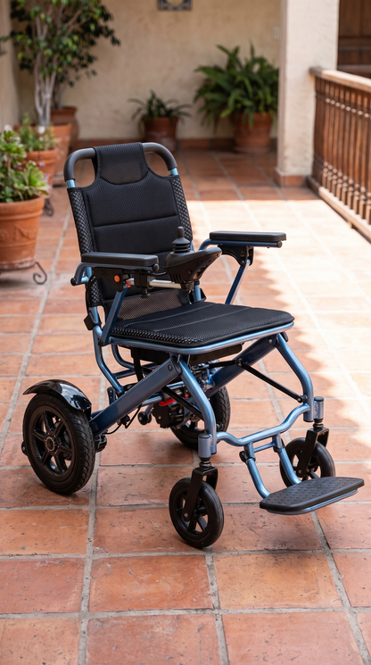 Silla de ruedas eléctrica plegable de litio con respaldo de malla negra y estructura azul en un patio de barro con macetas
