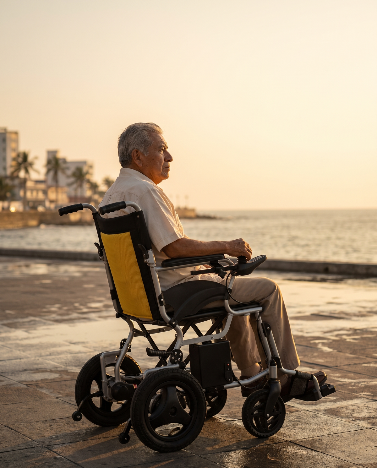 Silla de ruedas eléctrica plegable de 19 kg con respaldo amarillo, con un señor frente al mar al atardecer