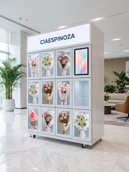 Locker refrigerado de 11 compartimentos de vidrio con ramos de flores y pantalla, en el lobby de un edificio