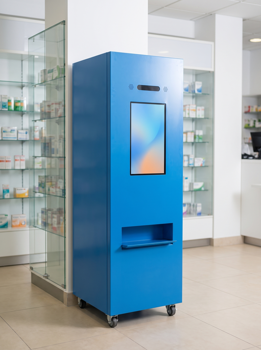 Expendedora azul de medicamentos de 112 productos con pantalla y charola de entrega, en una farmacia