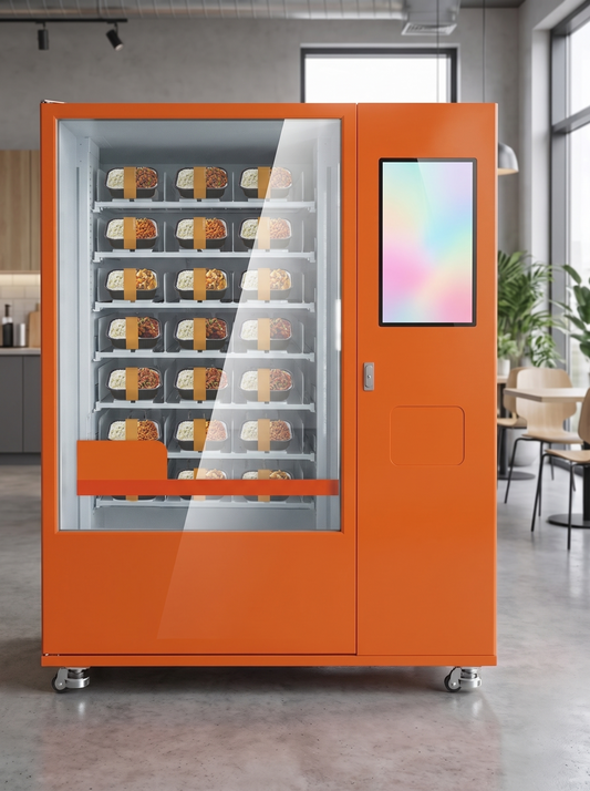 Expendedora naranja de comida caliente con microondas integrado, dentro de una cafetería