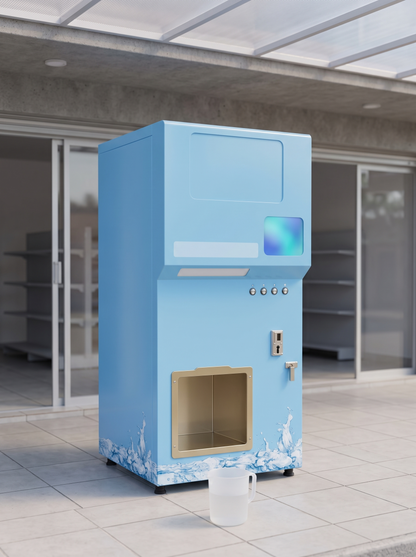 Expendedora de hielo de 140 kg color azul claro bajo techo frente a una tienda