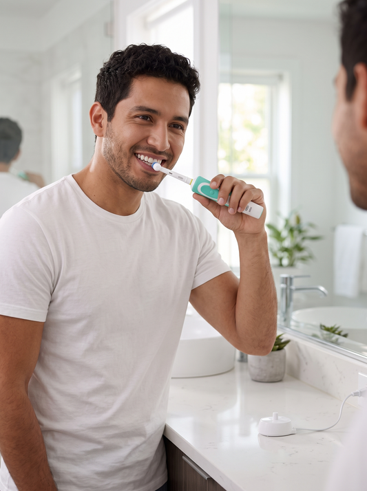 Cepillo de dientes eléctrico recargable blanco con verde usado por un hombre en el baño