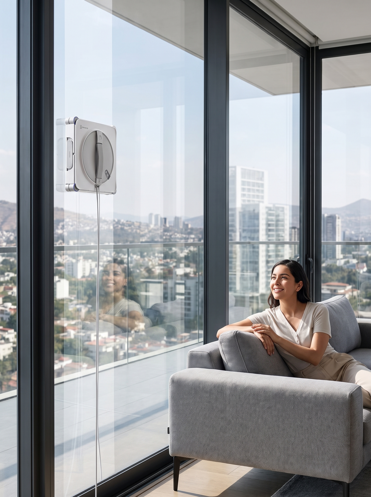 Robot limpiador de ventanas pegado a un ventanal de departamento con vista a la ciudad