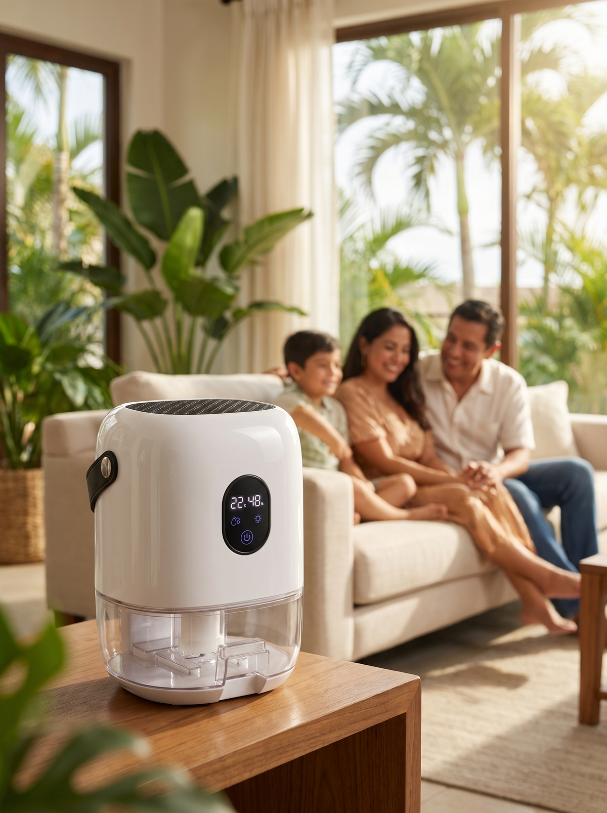 Deshumidificador y purificador de aire blanco con pantalla digital en una sala con familia