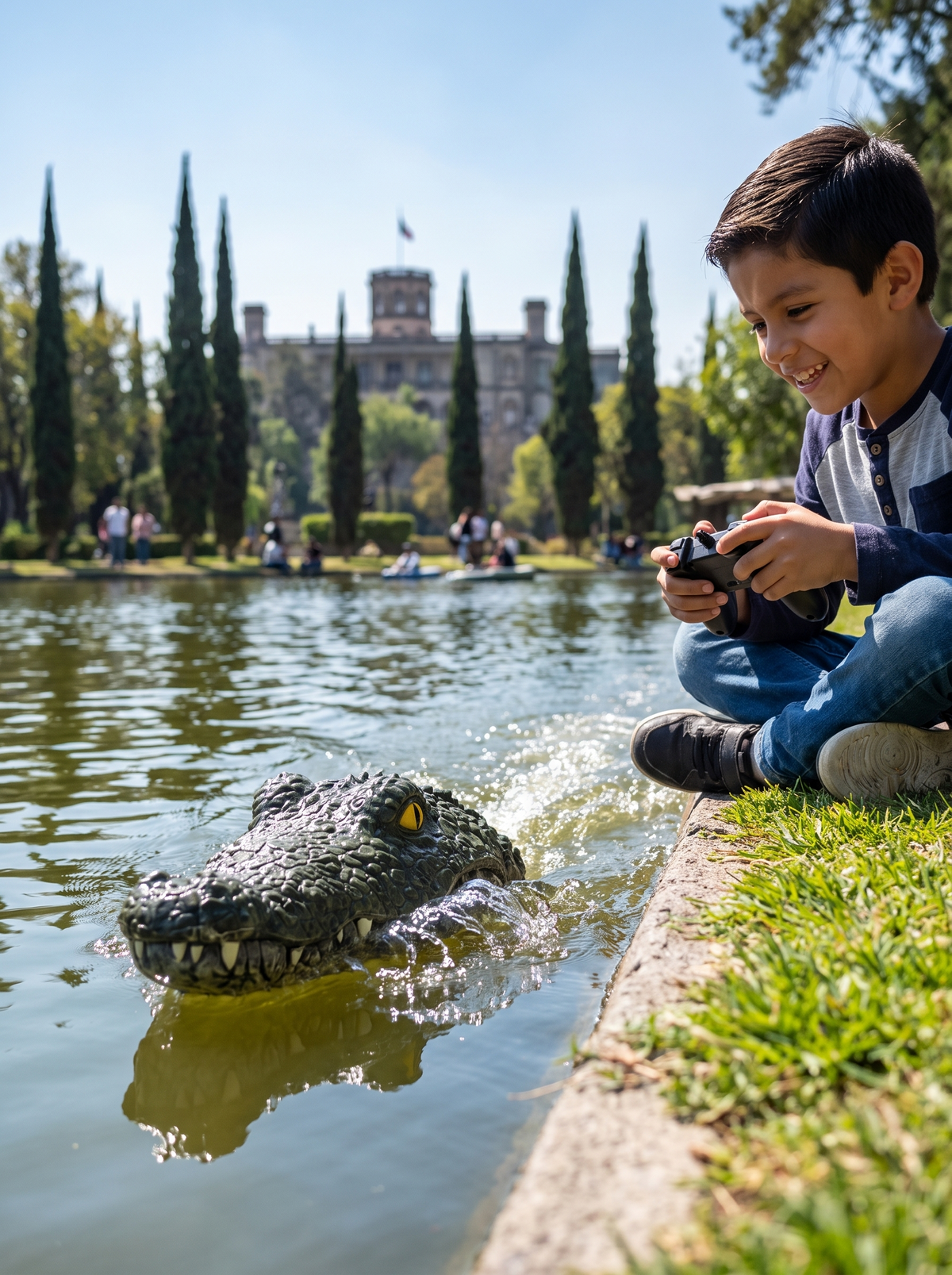 Lancha de juguete a control remoto con forma de cocodrilo navegando en un lago de parque