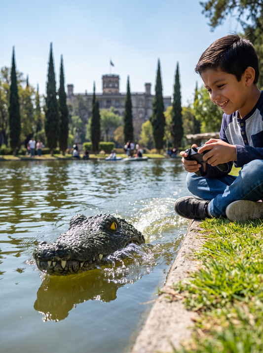 Lancha de juguete a control remoto con forma de cocodrilo navegando en un lago de parque