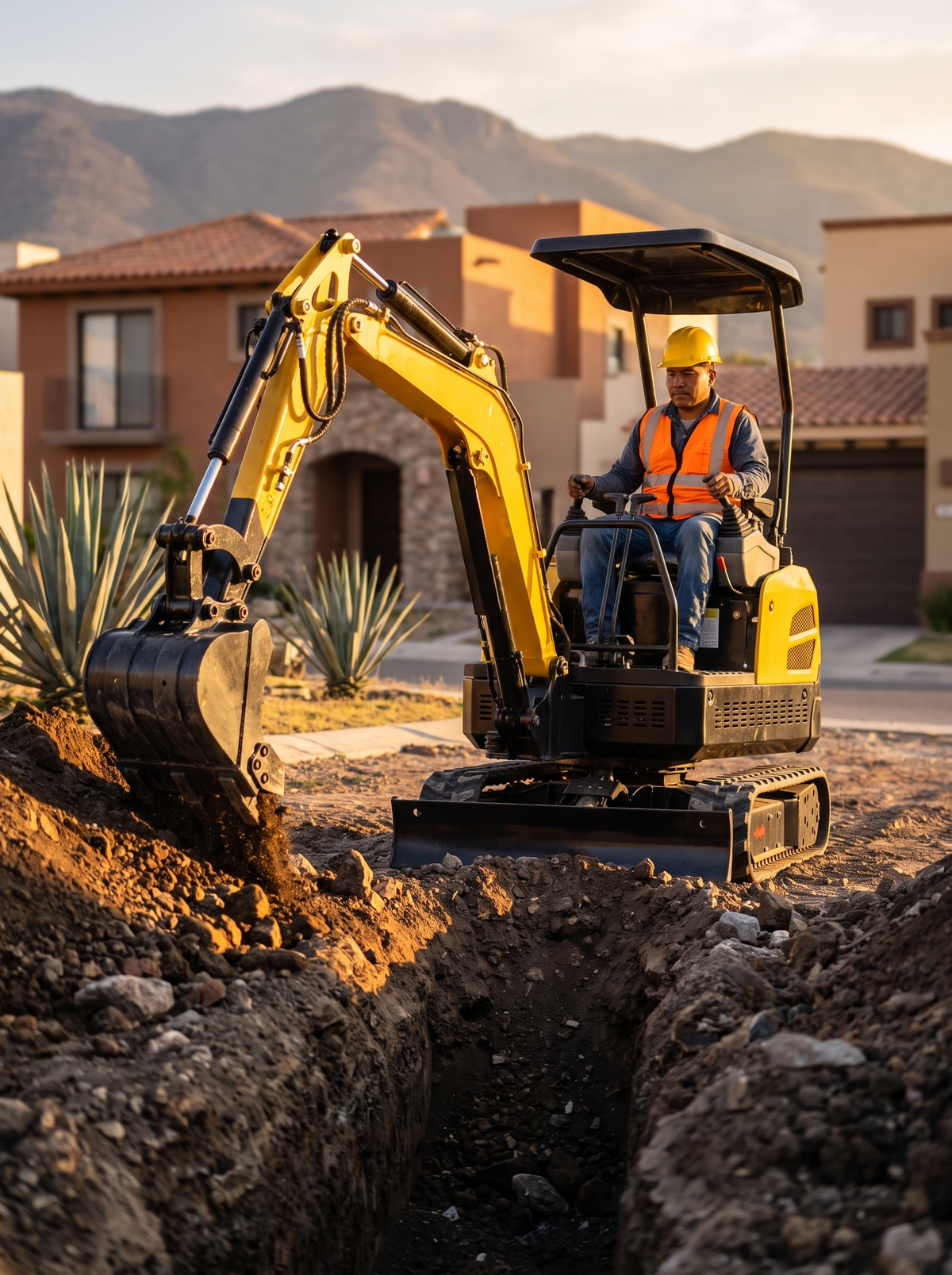 Mini excavadora amarilla de 1 a 2 toneladas cavando una zanja en una obra residencial