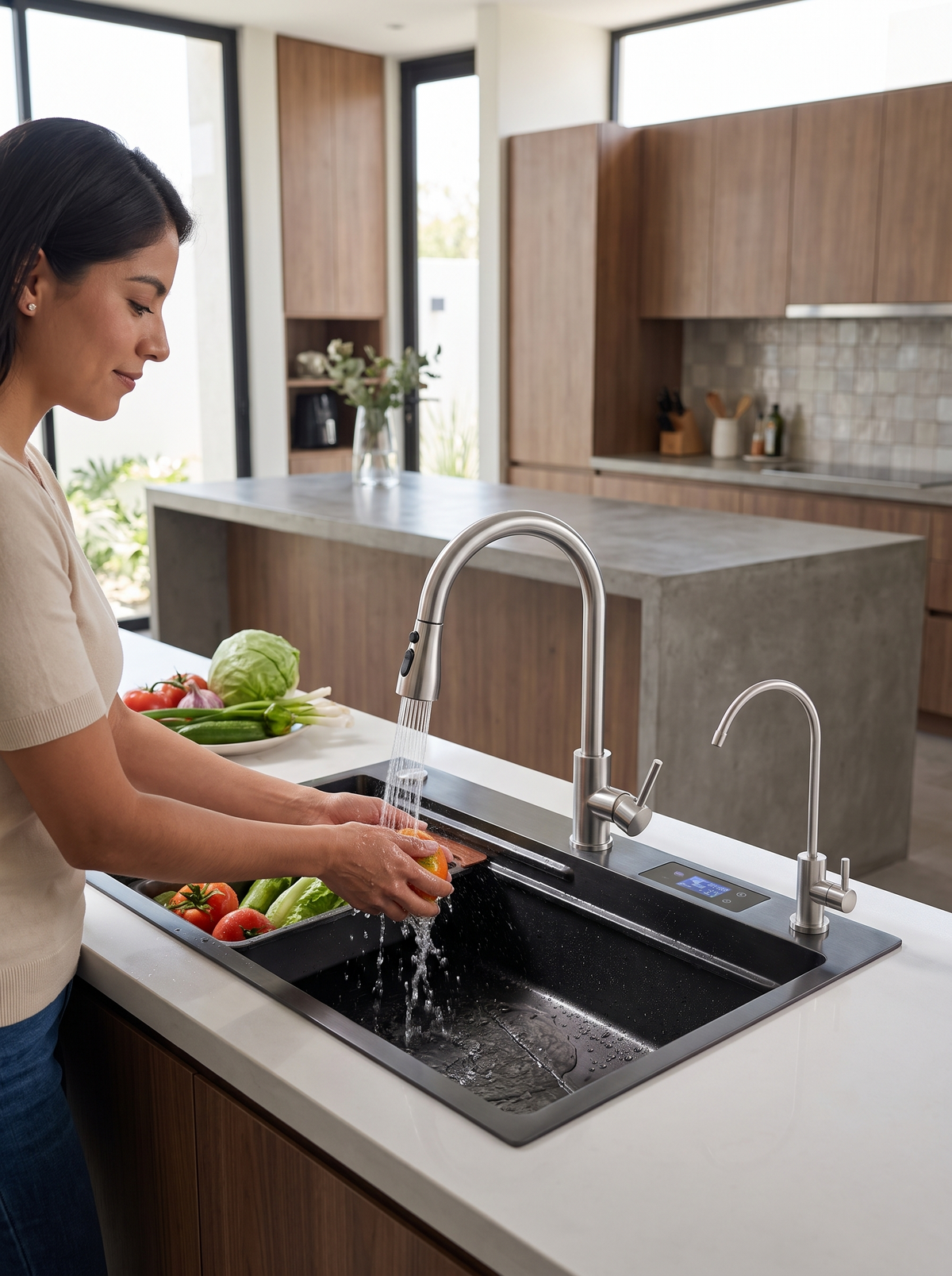Fregadero de acero inoxidable 304 negro con llave extraíble y llave para agua purificada en una cocina moderna
