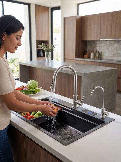 Fregadero de acero inoxidable 304 negro con llave extraíble y llave para agua purificada en una cocina moderna
