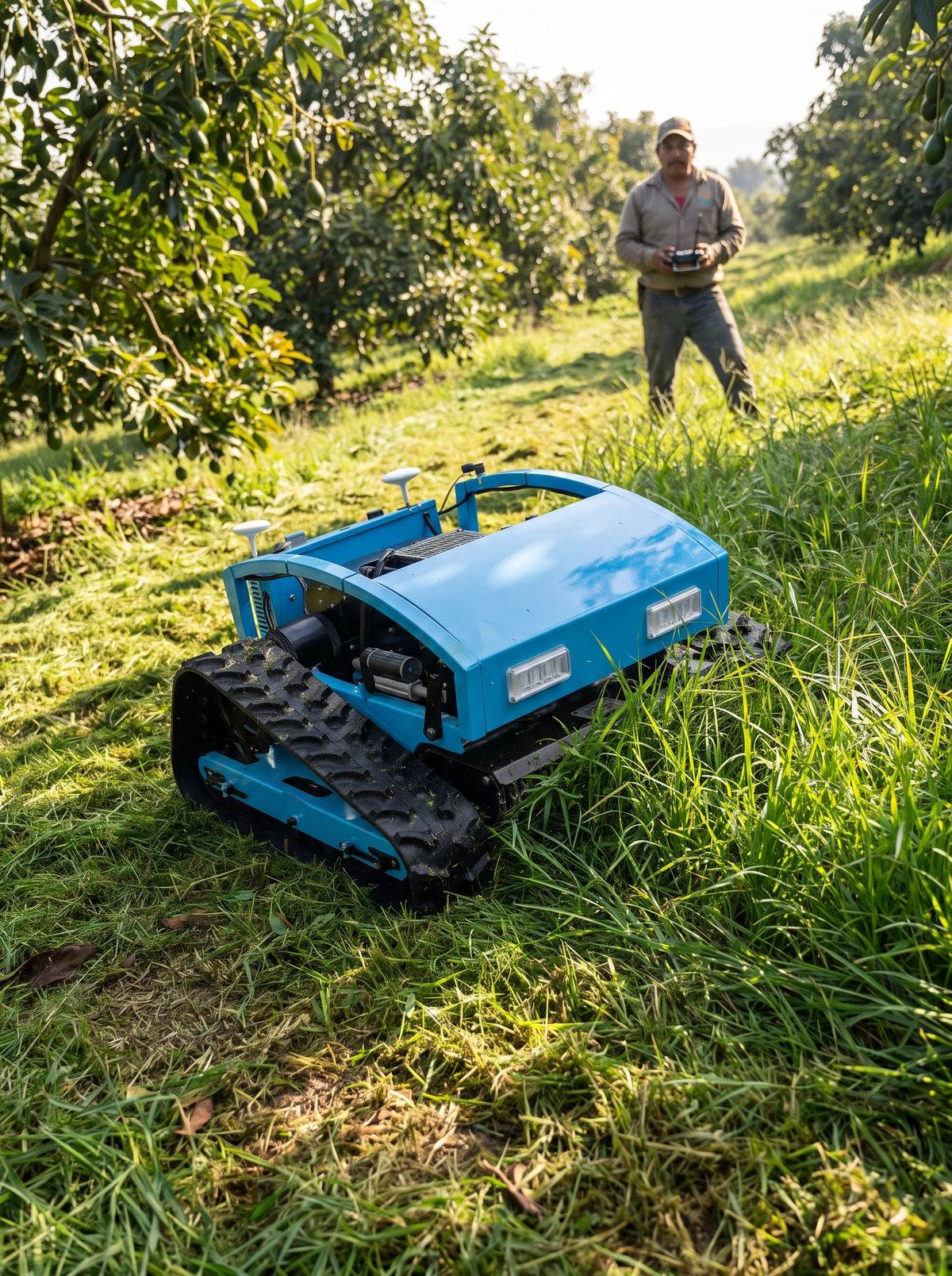 Cortacésped de orugas a control remoto cortando pasto en una huerta