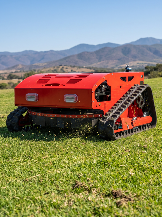 Cortacésped híbrido a control remoto con orugas trabajando en pasto