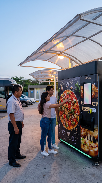 Clientes usando la máquina expendedora de pizza bajo techo en una terminal de autobuses