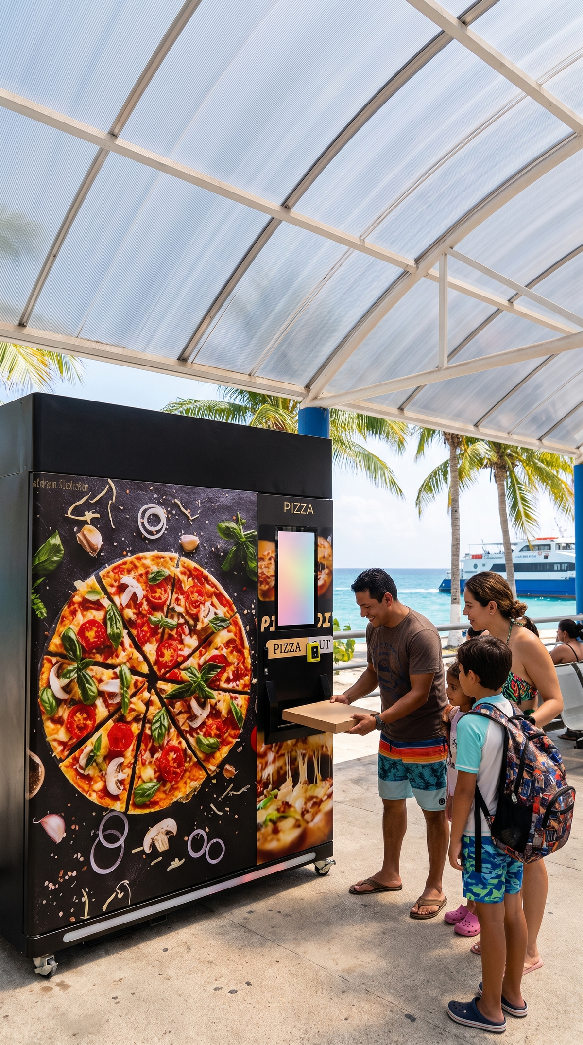 Familia comprando en la máquina expendedora de pizza bajo techo frente al mar