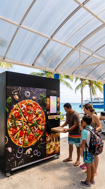 Familia comprando en la máquina expendedora de pizza bajo techo frente al mar