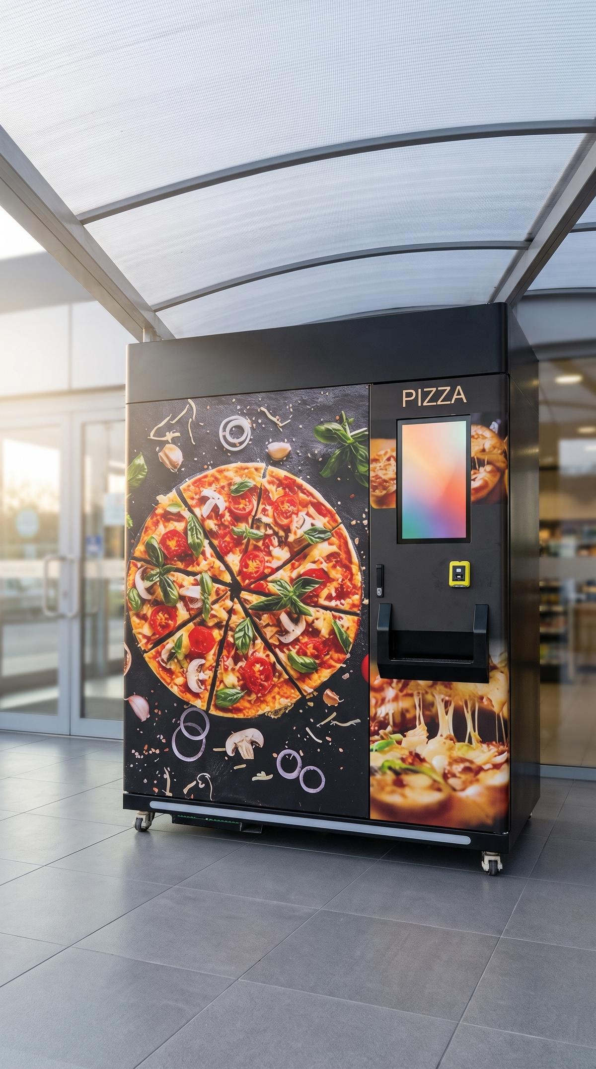 Máquina expendedora de pizza bajo techo a la entrada de un local