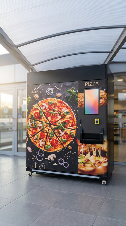Máquina expendedora de pizza bajo techo a la entrada de un local