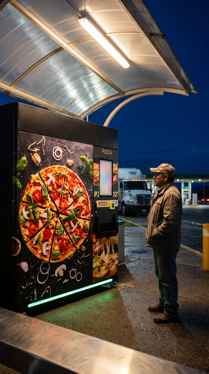 Máquina expendedora de pizza bajo techo en una gasolinera de noche, con un cliente esperando