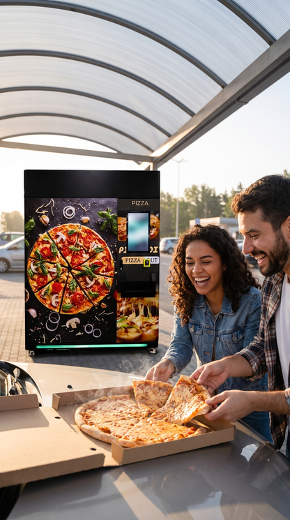 Pareja comiendo pizza recién salida de la máquina expendedora de pizza bajo techo en un estacionamiento