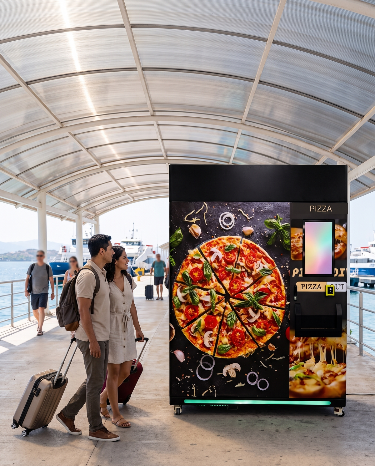 Máquina expendedora de pizza bajo techo en un muelle, con viajeros pasando