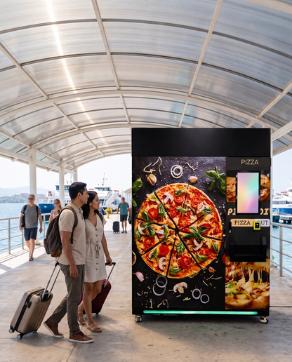 Máquina expendedora de pizza bajo techo en un muelle, con viajeros pasando