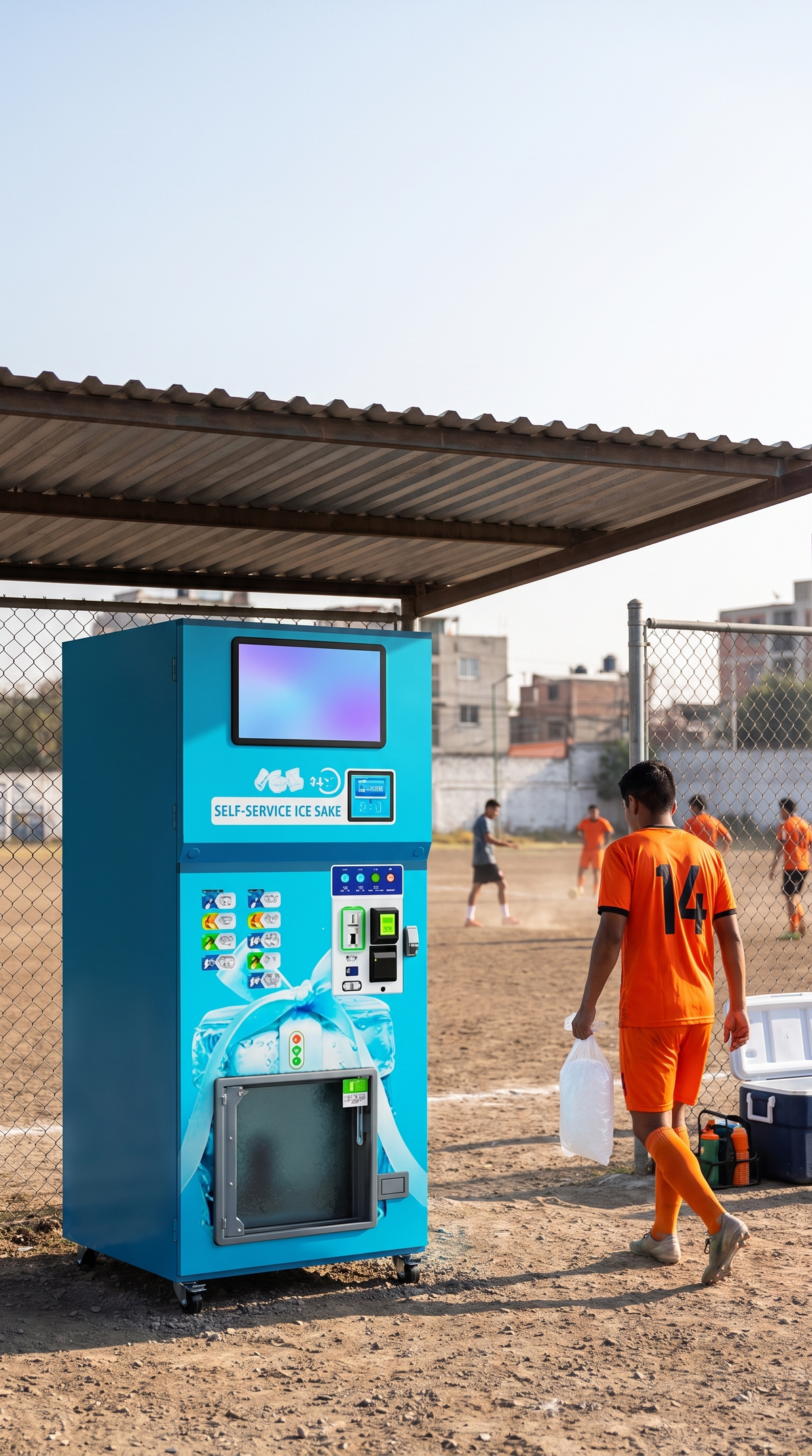 Máquina de hielo de 160 kg al día bajo techo de lámina junto a una cancha de futbol