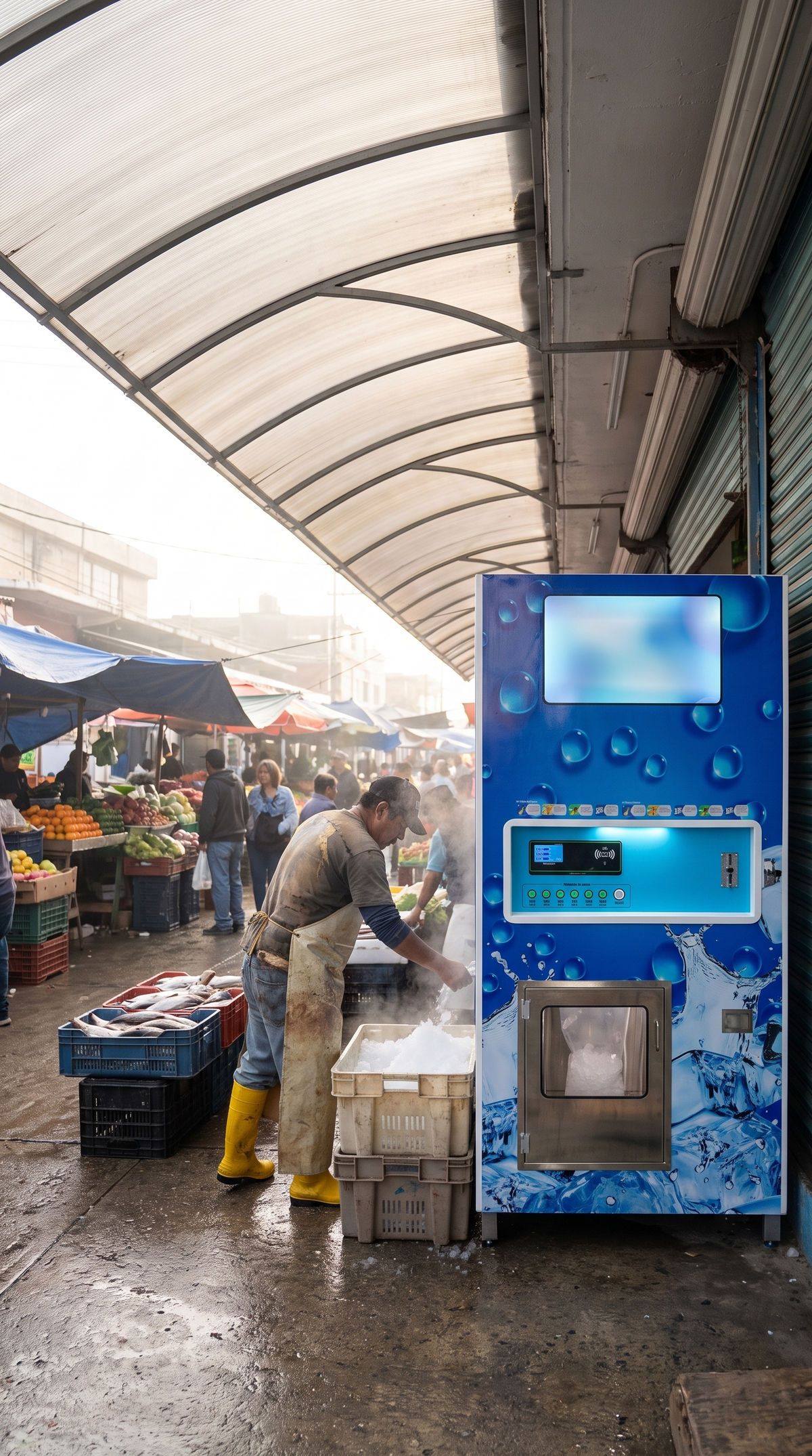Máquina de hielo de 320 kg al día bajo un toldo en un mercado, lista para vender hielo en bolsa
