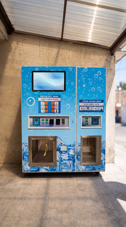 Máquina expendedora de hielo 450 kg y agua bajo techo, con su panel de hielo y su panel de agua