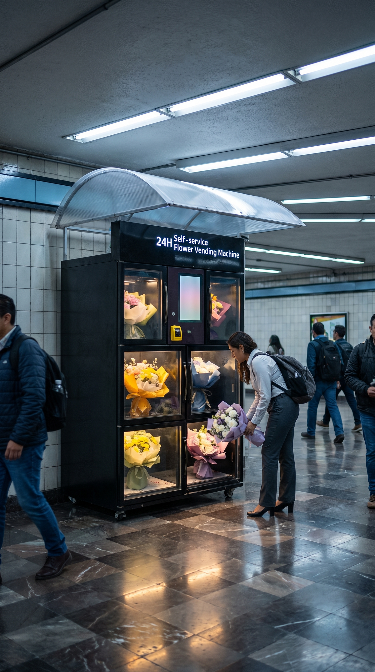 Máquina expendedora de flores Autoflower bajo cubierta en una estación del metro