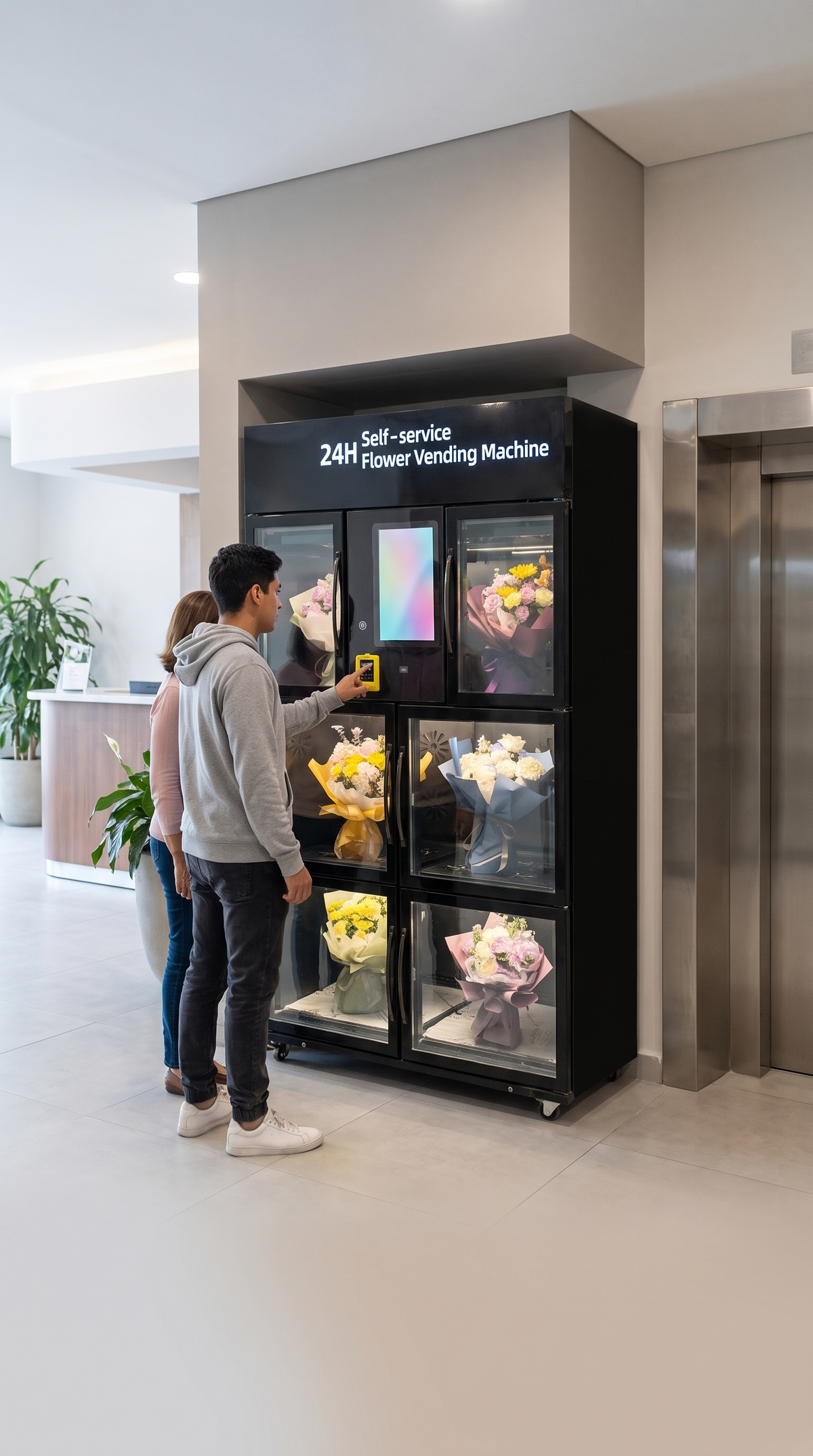 Pareja comprando flores en la máquina Autoflower de 6 compartimentos en el lobby de un edificio