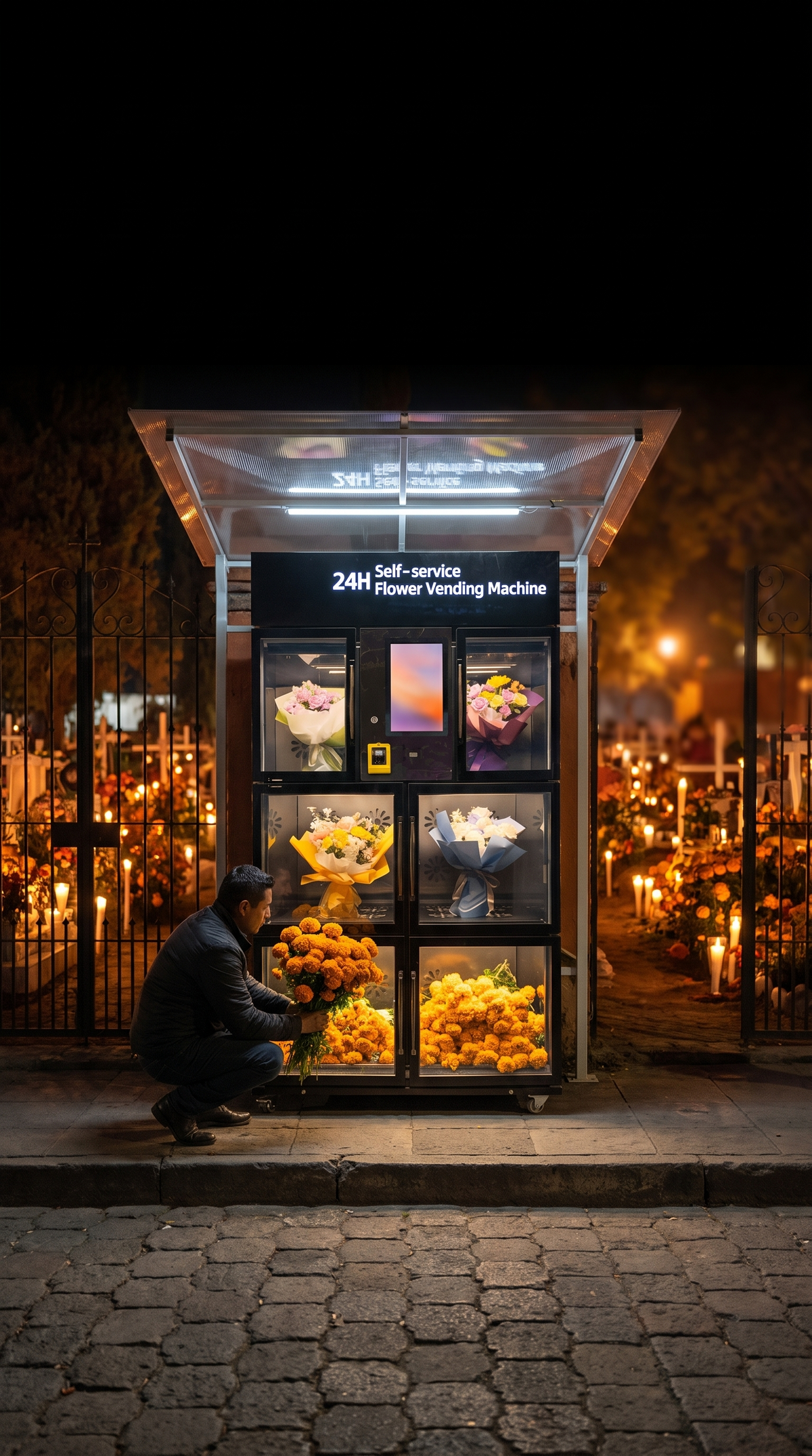 Cliente comprando flores de noche en la máquina Autoflower de 6 compartimentos bajo su toldo