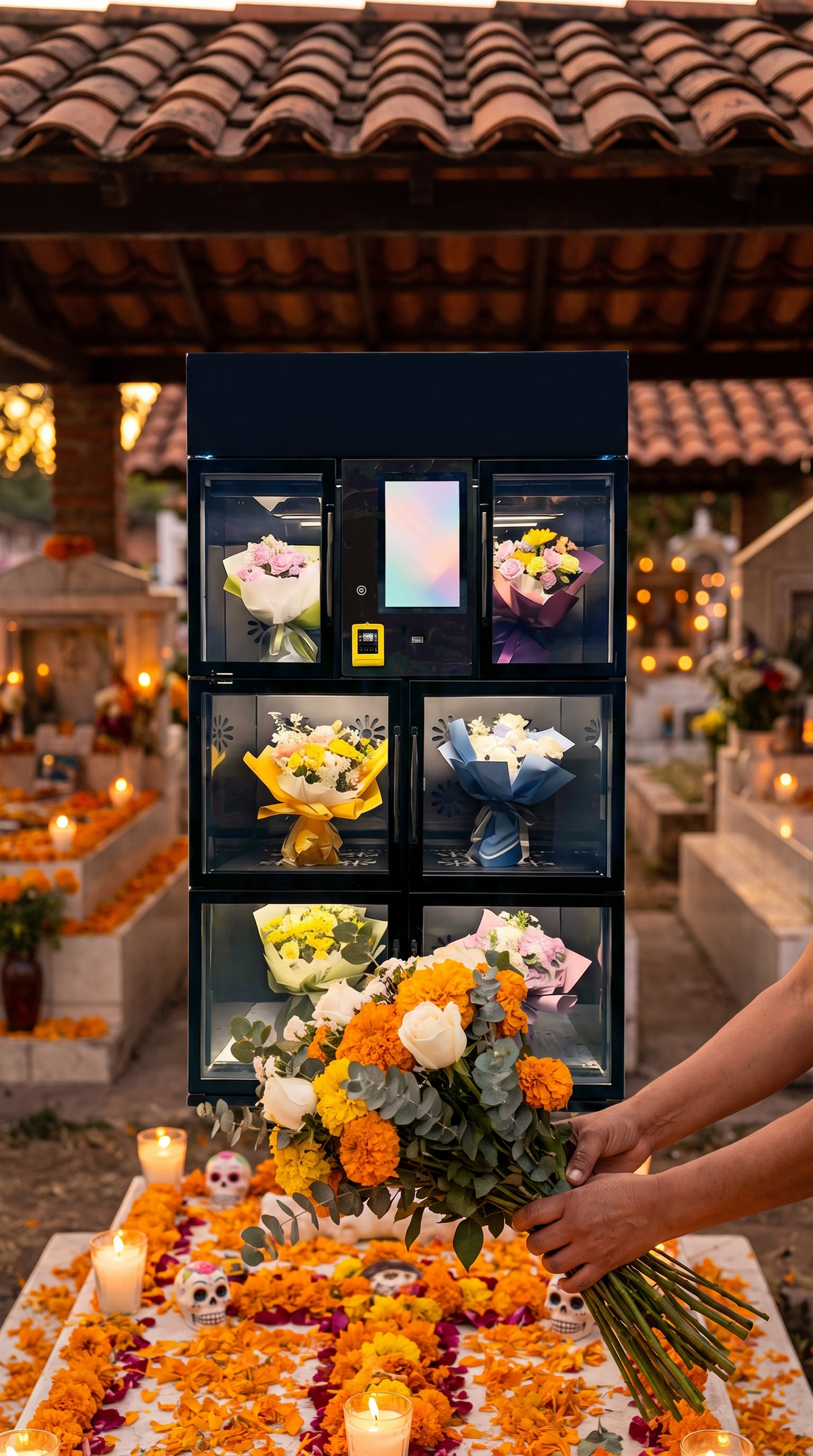 Máquina expendedora de flores Autoflower de 6 compartimentos bajo techo junto a un altar de Día de Muertos