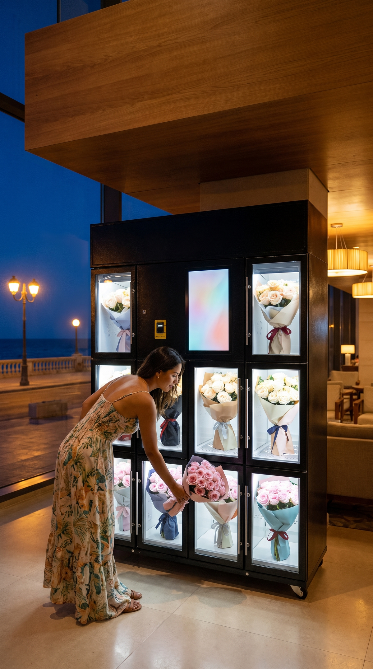 Máquina Autoflower de 10 compartimentos bajo techo en una terraza junto al mar, de noche