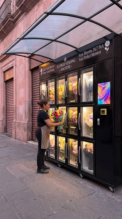 Florista surtiendo la máquina Autoflower de 15 compartimentos bajo su toldo en una calle del centro