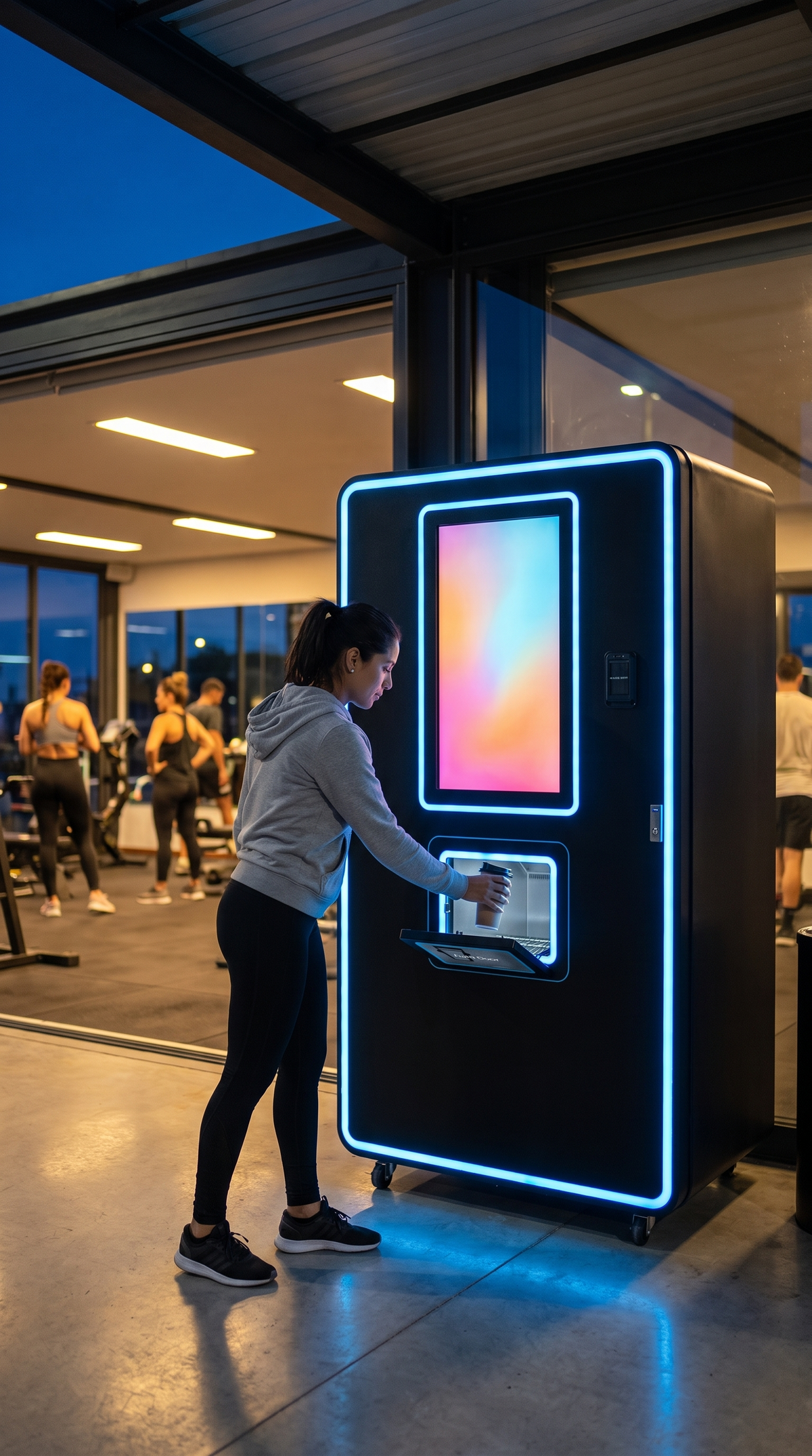 Clienta sirviendo su bebida en la máquina expendedora de proteína dentro del gimnasio
