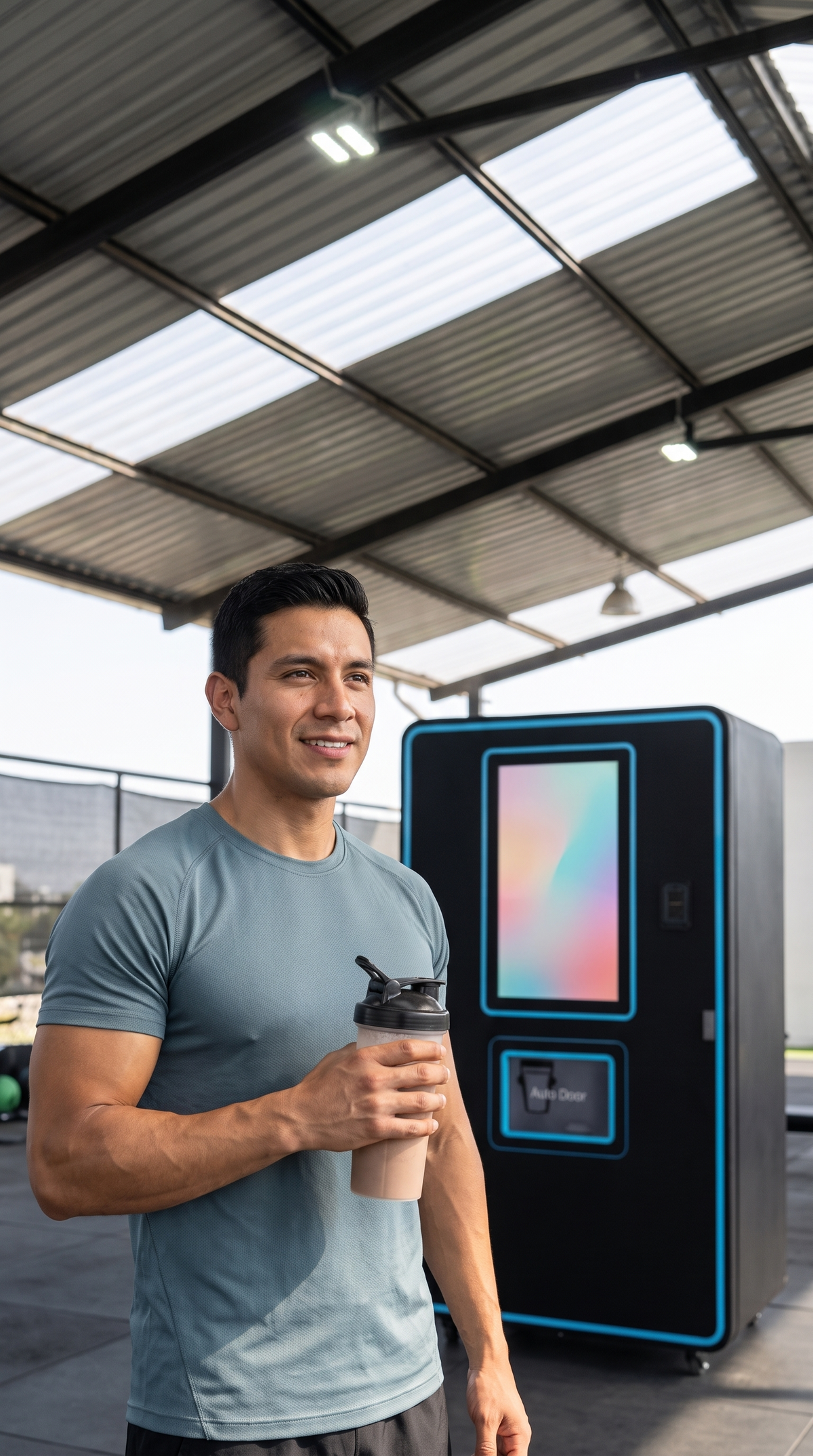 Deportista con su batido junto a la máquina expendedora de proteína bajo techo