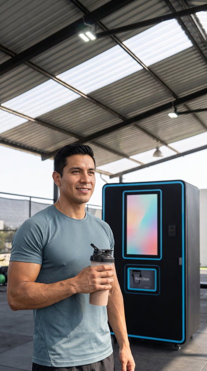 Deportista con su batido junto a la máquina expendedora de proteína bajo techo