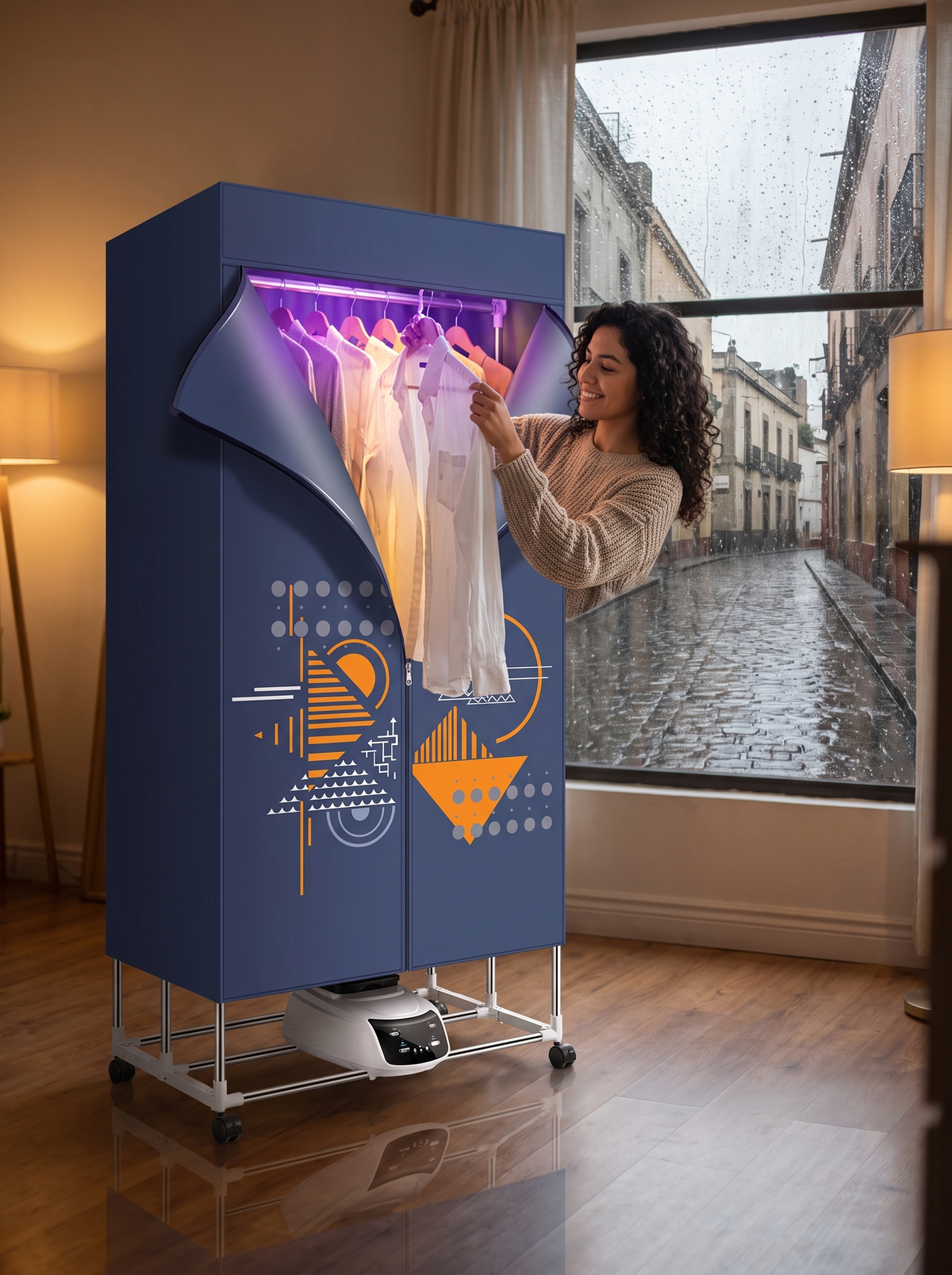 Mujer colgando ropa en el clóset secador con luz ultravioleta en su recámara un día de lluvia