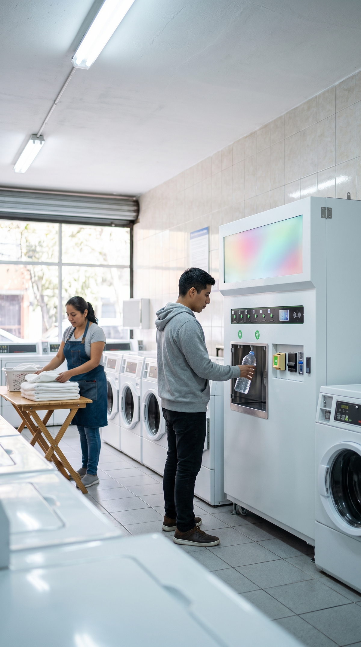 Joven usando la máquina expendedora de detergente dentro de una lavandería de autoservicio